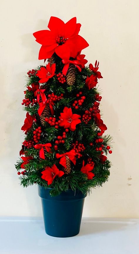 Pre Lit Red Poinsettia Topiary by PerfectHolidayLLC on Etsy Poinsettia Christmas Tree, Christmas Tree Light Up, Christmas Topiary, Poinsettia Wreath, Red Poinsettia, White Bow, Christmas Tree Lighting, Red Satin, Red Berries