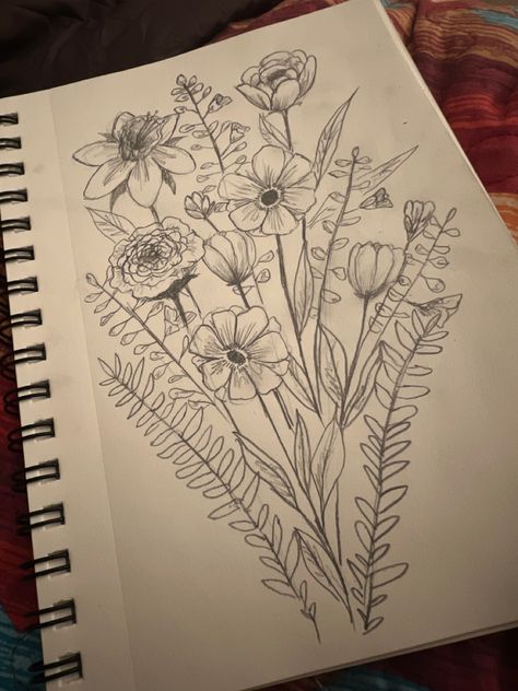 Big Flower Sketch, Flower Field Sketch, Big Drawing Ideas, Bunch Of Flowers Drawing, Full Page Drawings, Doodle Art Flowers, Nature Art Drawings, Anime Drawing Books, Animation Art Sketches