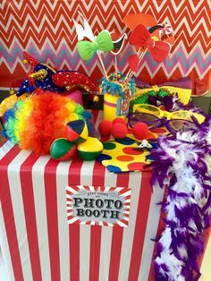 Photo booth props at a circus birthday party! See more party ideas at CatchMyParty.com! Carnival Photo Booth Props, Carnival Party Photo Booth, Carnival Themed Dance, Carnival Photo Booth Ideas, Kids Circus Birthday Party, School Carnival Ideas, Carnival Photo Props, Circus Photo Booth, Circus 1st Birthday Party