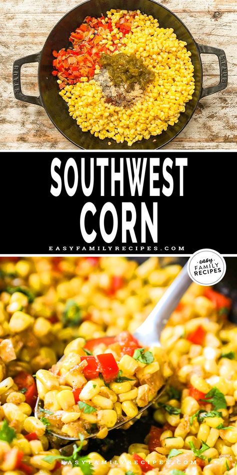 This Southwest Corn recipe is super simple for a side dish that’s easy to make and family friendly too! Made with canned, fresh, or frozen corn along with red bell pepper, onion, diced green chiles and seasoning for a full-of-flavor side dish that’s perfect with Tex-Mex, Southwest, or Mexican entrees. We love this Southwest-style corn recipe and make it all the time. Corn Entree Recipes, Corn And Peppers Side Dishes, Mexican Corn Recipes Side Dishes, Side Dish For Fajitas, Southwest Vegetables, Southwest Sides, Southwest Corn Recipe, Fresh Corn Recipes Side Dishes, Fiesta Corn Recipe