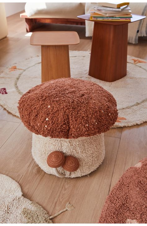 Your little one is in for a whimsical ride with this playful mushroom pouf handcrafted from a cotton blend. 15" x 17" 97% cotton, 3% other fibers with 100% polystyrene pearls Machine wash, tumble dry Imported Stick Decor, Mushroom Crafts, Whimsical Nursery, Lorena Canals, Color Caramelo, Mushroom Decor, Bottle Accessories, Playful Design, Toffee