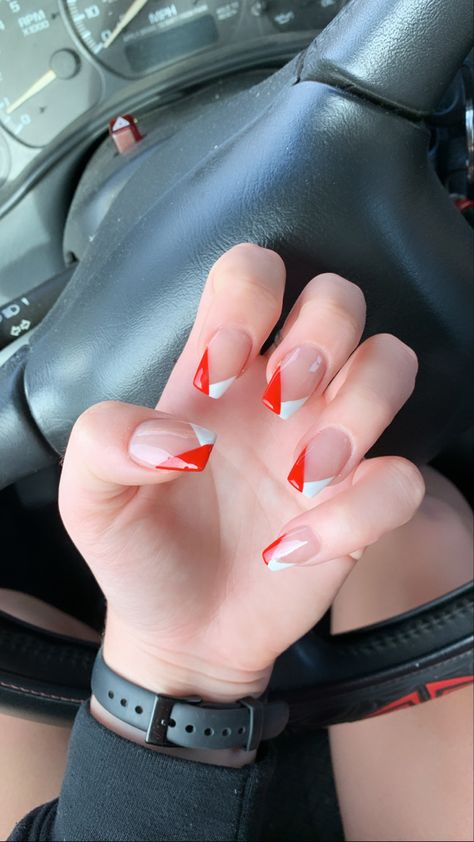 Red Nail With White Tip, Red Tips Nails Acrylic, Red White Tip Nails, White And Red Nails Acrylic Short, Red And White Tips Nails, Red And White French Tip Acrylic Nails, Simple Red And White Nail Ideas, Red And White French Tip Nails Coffin, White Nail With Red Tip