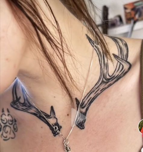 kjtoddart on tiktok Antler Hand Tattoo, Buck Tattoo Chest, Antler Collar Bone Tattoo, Deer Antler Chest Tattoo, Animal Carcass Tattoo, Antler Back Tattoo, Colorbone Tattoos Ideas, Between Bobs Tattoos, Alpine Tattoo