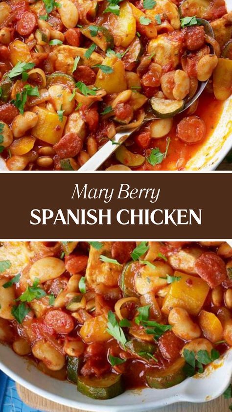 Mary Berry Spanish Chicken Spanish Chicken Casserole, Chicken And Butter Beans, Mary Berry Chicken Recipes, Chicken Bean Recipes, Spanish Chicken Recipe, Chicken And Beans Recipe, Spanish Chicken Recipes, Spanish Chicken And Rice, Rice Green Beans