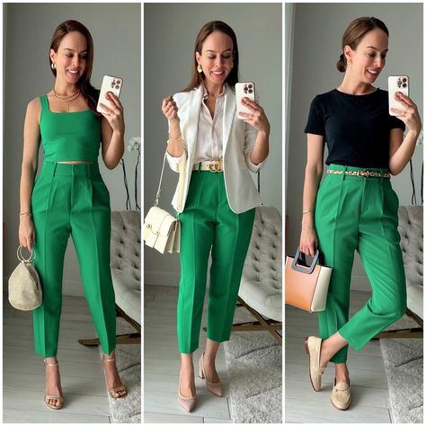 Women Green Pants Outfit, Green Pants Outfit Women Work, Green Work Pants Outfit, Bright Business Casual Outfits, Bright Work Outfits, Pantalon Vert Outfit, Green Outfit Ideas For Women, Green Trousers Outfit, Bright Summer Outfits