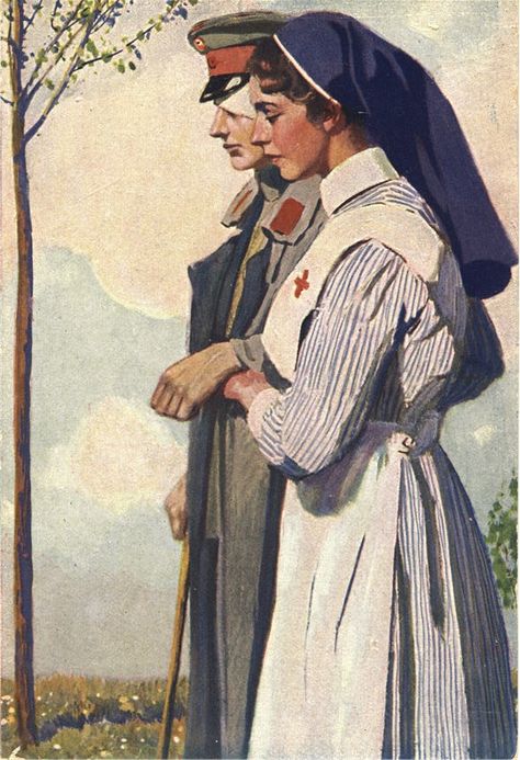 An illustration of a nurse guiding a wounded and blinded German soldier, ca. 1916. Pictures of Nursing: The Zwerdling Postcard Collection. National Library of Medicine Injured Soldier, Era Victoria, History Of Medicine, German Soldier, Istoria Artei, 동화 삽화, Nurse Art, Digital Gallery, Arte Grunge