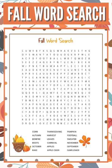 This free printable fall word search is a great autumn themed activity for elementary school aged kids! #wordsearch #printable #forkids #wondermomwannabe Autumn Word Search, Fall Word Search, Autumn Puzzle, Fall Worksheets, Free Printable Word Searches, Halloween Word Search, Fall Words, Pumpkin Activities, Word Search Printables