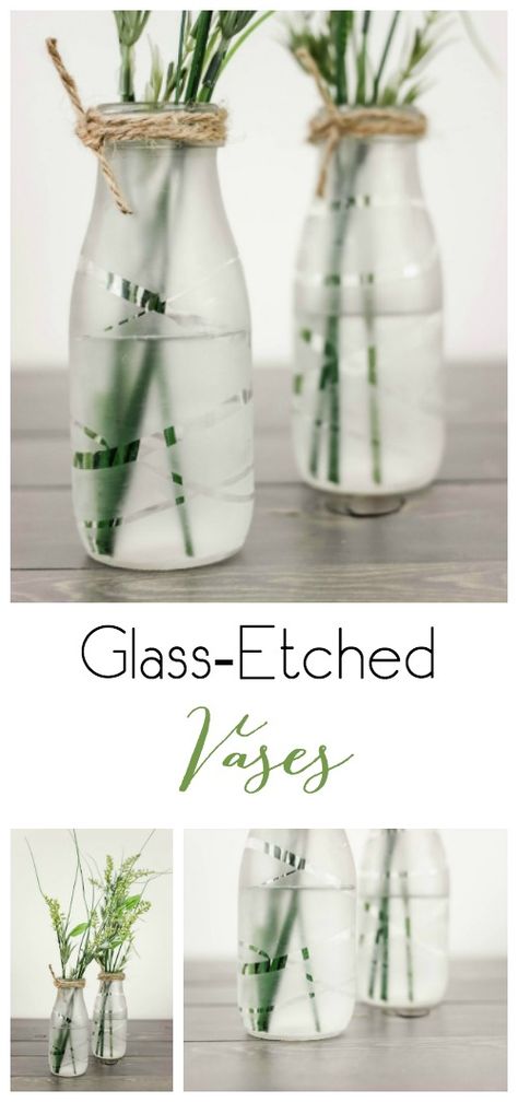 Upcycle some old milk bottles or glass containers into these beautiful and chic Glass Etched Vases! Old Milk Bottles, Glass Crafts Diy, Glass Bottle Diy, Diy Wedding Gifts, Diy Glass Bottle Crafts, Glass Bottles Art, Glass Bottle Crafts, Diy Bottle, Diy Vase