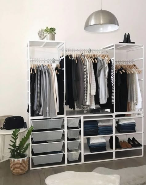 Jonaxel Ikea Hack Closet, Ikea Jonaxel Closet, Alternative Wardrobe Ideas, Jonaxel Ikea Closet, Open Closet Aesthetic, Jonaxel Ikea Ideas, Jonaxel Ikea Hack, Clothes Storage Ideas No Dresser, Ikea Open Wardrobe