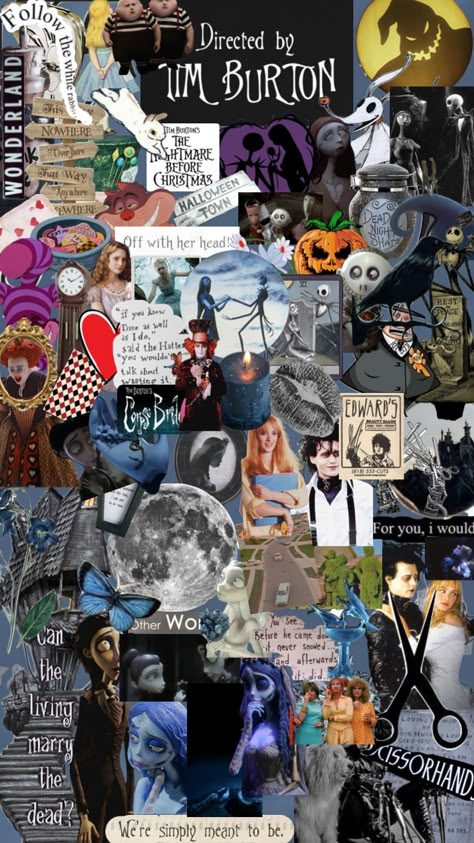 Tim Burton Movie Collage, Tim Burton Collage Wallpaper, Tim Burton Movie Marathon, Tim Burton Moodboard, Tim Burton Core Aesthetic, Tim Burton Movies Wallpaper, Halloween Wallpaper Tim Burton, Tim Burton Bedroom Ideas, Tim Burton Movies Aesthetic