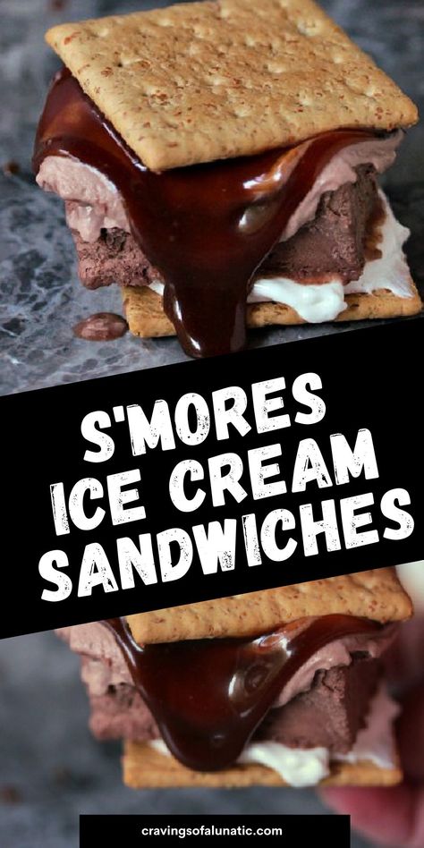 Collage image featuring two photos of a s'mores ice cream sandwich. Top image is the sandwich on a grey marble counter. Bottom image is the ice cream sandwich being held. Smores Ice Cream Sandwich, Icecream Sandwich, Frozen Summer, Best Chocolate Desserts, Summer Eats, Yummy Ice Cream, Ice Cream Sandwiches, Popsicle Recipes, Chocolate Dessert