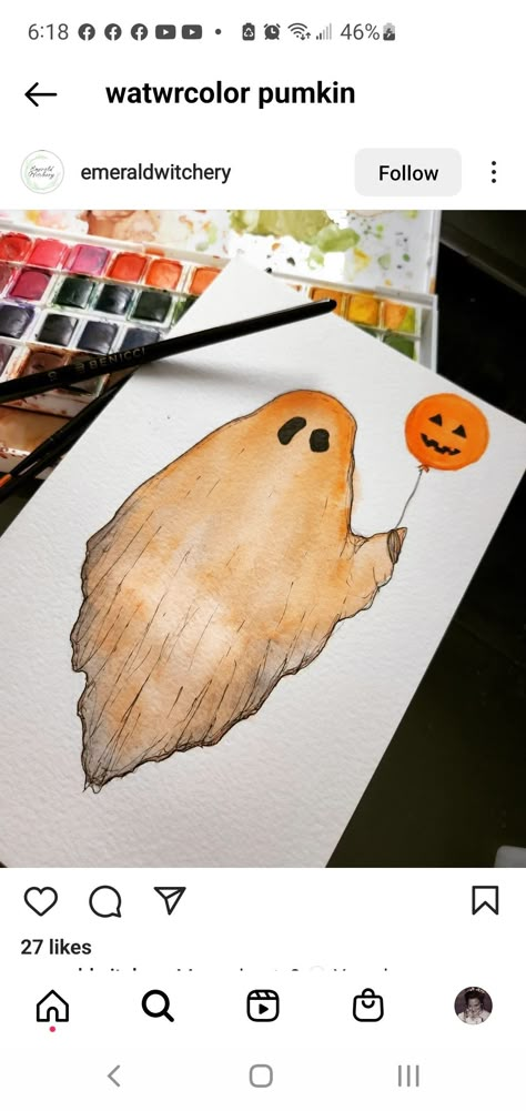 Watercolor Art For Beginners Halloween, Spooky Season Watercolor, Halloween Watercolour Painting Ideas, Autumn Aesthetic Painting Easy, Halloween Painting Ideas Watercolor, Watercolor And Black Pen Art, Cute Fall Watercolor Paintings, Fall Watercolor Landscape Easy, Halloween Watercolor Painting Easy