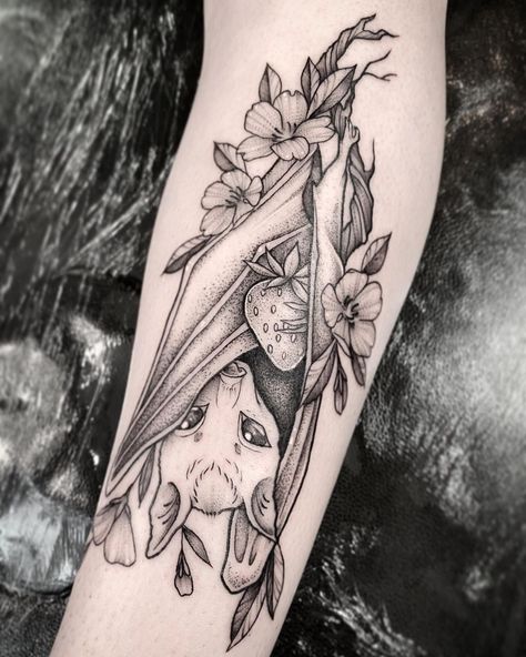 KIRA CARTER TATTOOS on Instagram: “Lil’ bat from a while back 🦇 more spooky stuff would be fab 💖 . . . . #tattoos #tattooartist #blackwork #blackworktattoo #dotwork…” Bat And Book Tattoo, Halloween Black And Grey Tattoo, Spooky Whimsical Tattoo, Spooky Forearm Tattoo Women, Spooky Underbust Tattoo, Tattoo Ideas Inner Thigh, Dark Garden Tattoo, Blacked Out Back Tattoo, Gothic Tattoo Patchwork