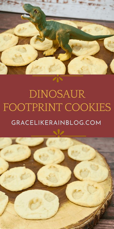 Easy Dinosaur Footprint Cookies are a super easy treat for your Dinosaur Birthday Party. These sugar cookies use refrigerated cookie dough to make things easy, and we have a neat trick to make the dinosaur footprints. Don't pass up these quick Dinosaur Fossil Cookies. Fossil Cookies, Dinosaur Snacks, Dinosaur Birthday Theme, Refrigerated Cookie Dough, Dinosaur Birthday Party Decorations, Simple Birthday Party, Dinosaur Footprint, Dinosaur Cookies, Dinosaur Fossil