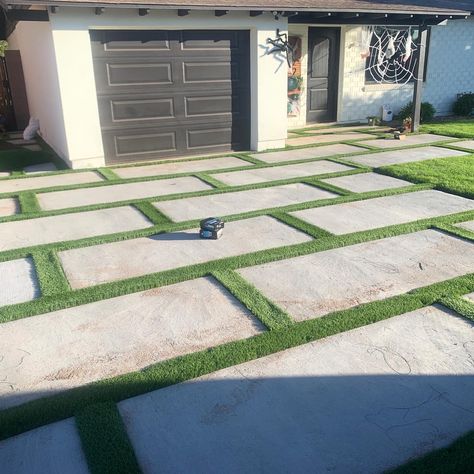 Artificial Turf Driveway, Concrete Squares Backyard, Concrete Blocks With Turf, Turf And Concrete Driveway, Concrete Driveway With Grass Strip, Concrete And Turf Driveway, Concrete Squares With Grass Between, Driveway With Grass In Between, Pavers With Turf In Between