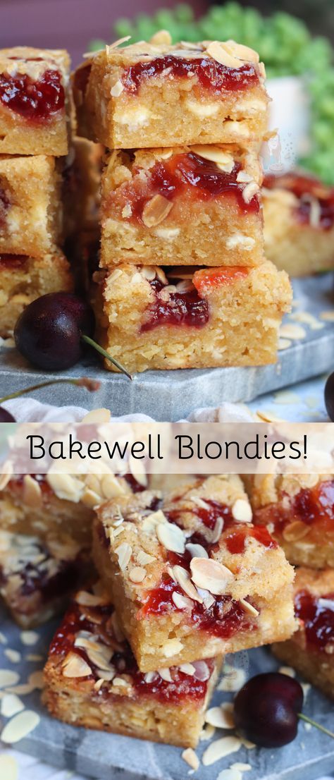 Thick and Gooey Bakewell Blondies with almonds and Jam! Bakewell Blondies, Mini Patisserie, Boutique Patisserie, Patisserie Vegan, Janes Patisserie, Decoration Patisserie, Tray Bake Recipes, Cake Baking Recipes, Sweet Treats Recipes