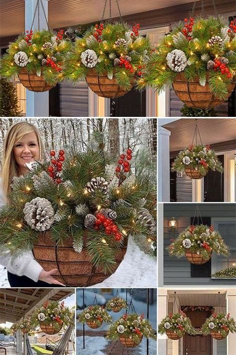 Christmas Planters Diy, Winter Hanging Baskets, Crismas Tree, Christmas Hanging Baskets, Outdoor Christmas Planters, Christmas Planters, Christmas Flower Arrangements, Christmas Plants, Country Christmas Decorations