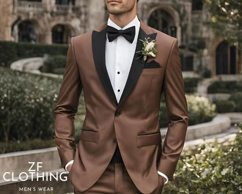 Brown Suit With Black Shirt, Brown Tuxedo For Men, Chocolate Brown Suits For Men, Brown Tuxedo Wedding, Brown Wedding Colors, Pant Coat For Men, Brown Groomsmen Suits, Brown Wedding Suit, Brown Tux