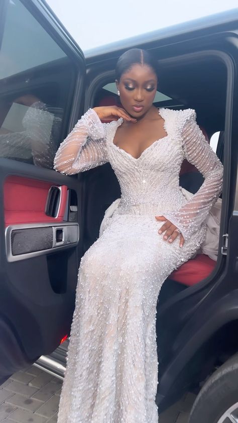 Senegalese Wedding Dresses, White Reception Dress Brides, White Lace Gown Styles Nigerian, White Lace Dress Styles Nigerian, Second Dress For Bride Reception, Bridal Gowns With Sleeves, Bride Reception Dress, Glam Wedding Dress, African Wedding Attire