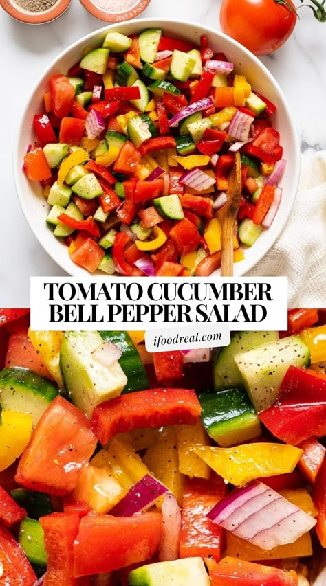 Tomato Cucumber Bell Pepper Salad is flavorful and ready in 10 minutes. Tossed in a simple olive oil dressing, it’s a delicious way to showcase summer’s finest veggies. Cucumber Bell Pepper Salad Recipes, Pepper Cucumber Tomato Salad, Cucumber Bell Pepper Onion Salad, Peppers Salad Recipes, Pepper Salad Recipes Bell, Tomato Pepper Salad, Bell Pepper Cucumber Salad, Cucumber And Bell Pepper Salad, Cucumber Bell Pepper Salad