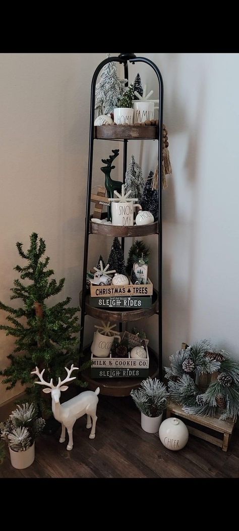 Four Tier Wood Shelf, Hobby Lobby Shelf Decor, Ladder Shelf Decor, January Decorations, Farmhouse Shelves Decor, Neutral Holiday Decor, Target Decor, Cozy Winter Decor, Tiered Shelf