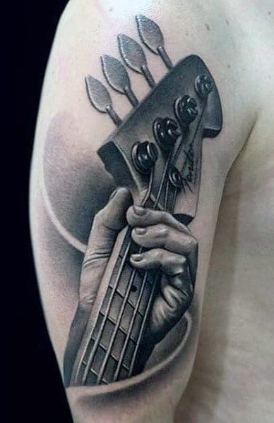 Guitar Tattoo Designs Men, Bass Guitar Tattoo, Music Guitar Tattoo, Bass Tattoo, Acoustic Guitar Tattoo, Guitar Tattoo Design, See Tattoo, Music Notes Tattoo, Hands Tattoo