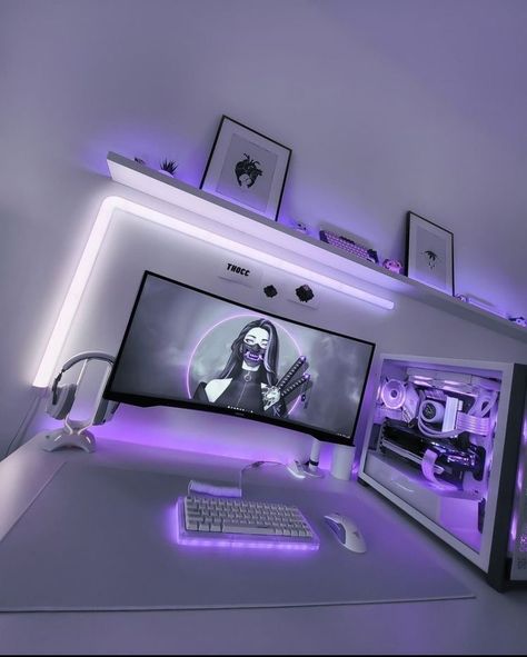 Gaming Room, Computer Desk, Keyboard, Gaming, Computer, Desk, Purple