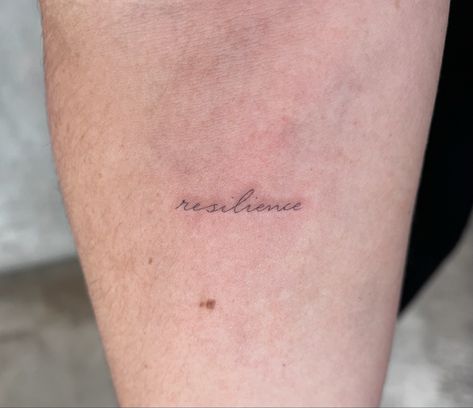 Minimalist Tattoo Resilience, Joey Hill Tattoo, Be Authentic Tattoo, Single Needle Tattoo Script, Tiny Single Needle Tattoo, One Needle Tattoos, Tatouage Resilience, Resilient Tattoos For Women, Tiny Dainty Tattoos