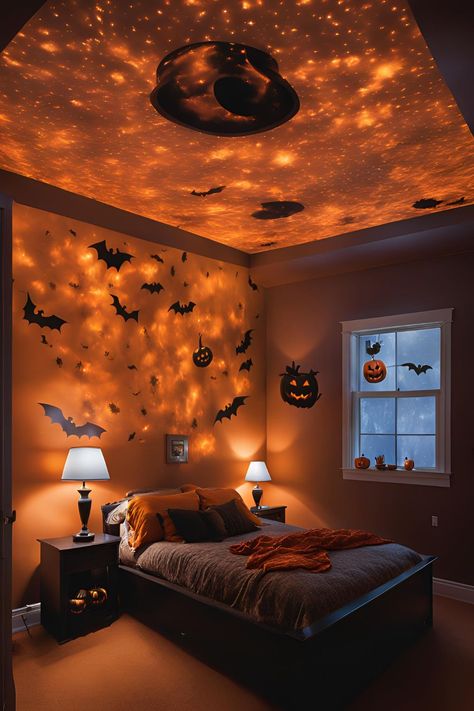 Halloween bedroom lighting ideas featuring projector lights, ghosts, pumpkins, and cobwebs. Eerie Images, Festive Bedding, Halloween Projector, Halloween Lighting, Fall Apartment Decor, Bedroom Lighting Ideas, Ghosts And Pumpkins, Halloween Bedroom, Bedroom Lights