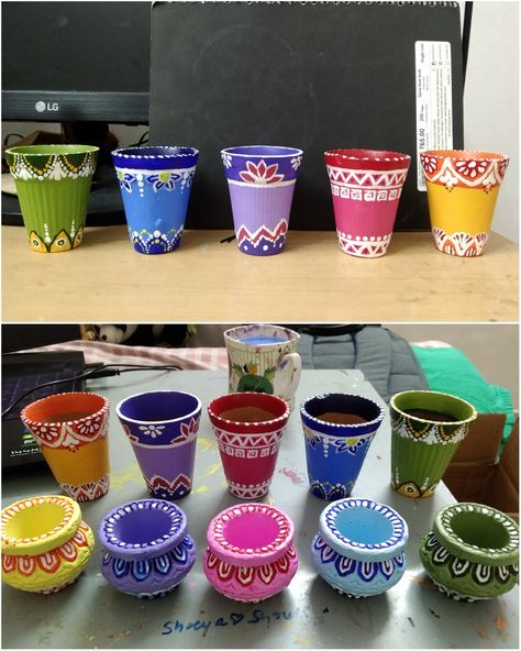 Flowers Flowing Out Of Pot, Kulfi Pot Painting Ideas, Clay Glass Painting, Mud Glass Painting Ideas, Kulhad Decoration Ideas, Kullad Painting Ideas Diy, Small Matka Painting Designs, Hajmola Bottle Diy, Gullak Painting Designs