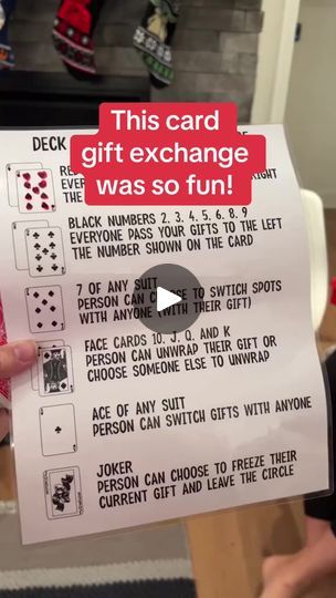 79K views · 929 reactions | Forget your typical gift exchange and try this one instead! 🎁🎁 Get the full rules and details at https://www.playpartyplan.com/deck-of-cards-gift-exchange/ | Play Party Plan | Play Party Plan · Original audio Deck The Cards Gift Exchange, Deck Of Card Gift Exchange, Christmas Gift Exchange Game With Deck Of Cards, Card Gift Exchange Game, Deck Of Cards Gift Exchange, Deck Of Cards Gift Exchange Game, Gift Exchange Rules, Gift Exchange Ideas, Xmas Goodies