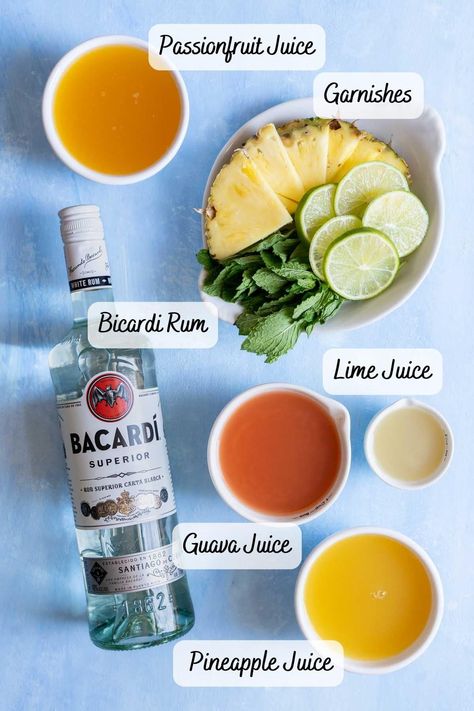 The best of all rum drinks. This summer cocktail is a Bacardi rum punch featuring tropical fruit juice. Make a single cocktail or fill your punch bowl and make a big batch cocktail for your next party. White Rum Cocktails Easy, Bacardi Rum Drinks, Drinks With Bacardi Rum, Party Cocktails Big Batch, Easy Rum Cocktails, Bachelorette Drinks, Bacardi Cocktails, White Rum Cocktails, Summer Rum Cocktails