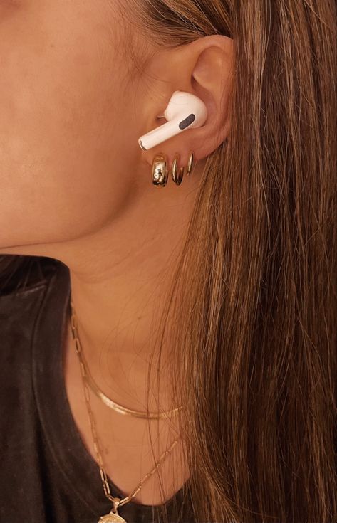 gold hoop earrings Airpods In Ear, 3 Piercings, Girl Apartment, Beautiful Skin Care, Apple Airpods Pro, Airpod Pro, Instagram My Story, Air Pods, Apple Airpods