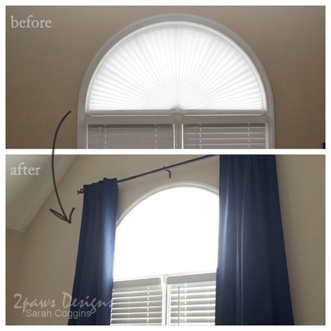 Master Bedroom Curtains Arch Window #foreclosuretohome #masterbedroom #homeimprovement Half Moon Window Covering Ideas, Arch Window Covering Ideas, Long Curtains Bedroom, Curtain Valance Ideas, Arched Window Coverings, High Ceiling Bedroom, Curtains For Arched Windows, Window Coverings Bedroom, Diy Window Shades