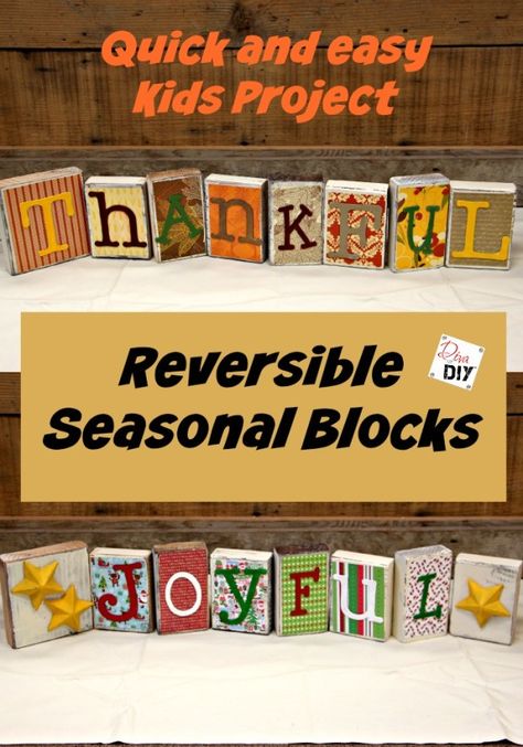 Thanksgiving Crafts For Adults, Easy Kids Projects, Reversible Blocks, November Crafts, Easy Diy Home Decor, Wood Block Crafts, Winter Craft, Crafts For Adults, Block Craft