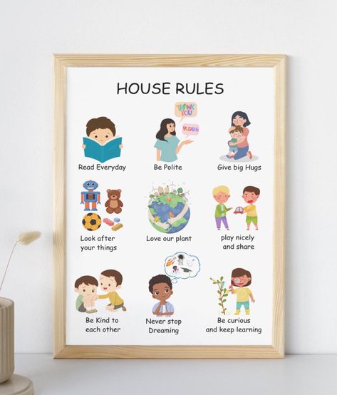 5 different sizes of House rules Poster for toddlers 👇 🌹 1 JPG in high resolution size 8x10 inches  🌹 1 JPG in high resolution size 11x14 inches  🌹 1 JPG in high resolution size 16x20 inches  🌹 1 JPG in high resolution size A4 international 🌹 1 JPG in high resolution size  6x4 inches The files are available to download immediately after purchase, you can access them at www.etsy.com/your/purchases. Use only high-resolution files saved to computer. (Not to your mobile devices.) * This is a d Home Rules For Kids Charts, House Rules For Kids, Kids House Rules, Family Rules Printable, House Rules Poster, Rules Poster, Playroom Rules, Diy Preschool, Rules For Kids