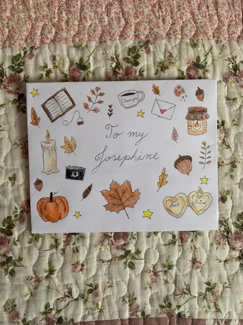 Cute Drawings For Letters, Love Letter Sketch, Fall Leaves Cards, Fall Drawing Prompts, How To Draw Autumn Leaves, Autumn Drawings Aesthetic, Halloween Love Letter, Fall Journal Aesthetic, Aesthetic Fall Drawings