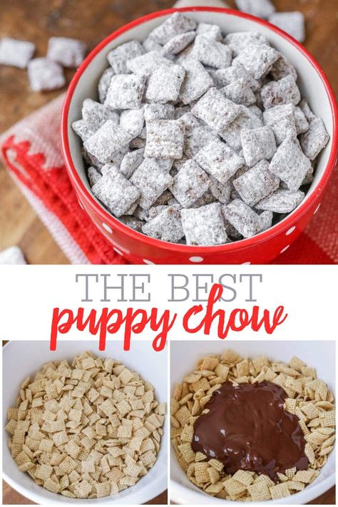 Our Favorite Puppy Chow Recipe!!  So easy to make-which includes chex cereal, powdered sugar, & yummy melted peanut butter and chocolate chips!! #puppychow #puppychowrecipe #muddybuddies #easydessert #dessertrecipe Best Puppy Chow, Melted Peanut Butter, Peanut Butter And Chocolate Chips, Puppy Chow Chex Mix Recipe, Puppy Chow Recipe, Chex Mix Puppy Chow, Chow Recipe, Puppy Chow Recipes, Chex Cereal