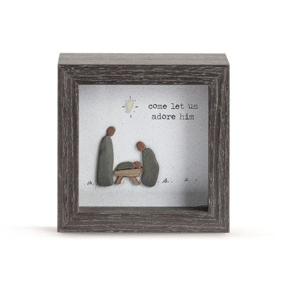 The Come Let Us Adore Him Shadow Box from the The Sharon Nowlan Holiday Collection is a gorgeous way to decorate any home. Measuring 4"w x 2"d x 4"h, this shadow box features artisan craftsmanship and is the perfect gift for mom. | The Holiday Aisle® Come Let Us Adore Him Shadow Box 4.0 H x 4.0 W x 2.0 D in brown / grayWood | 4" H X 4" W X 2" D | Wayfair Christmas Pebble Art, Rock Pictures, Stone Pictures Pebble Art, Come Let Us Adore Him, Christmas Shadow Boxes, Christmas Sentiments, Christmas Rock, Holiday Messages, Wood Composite