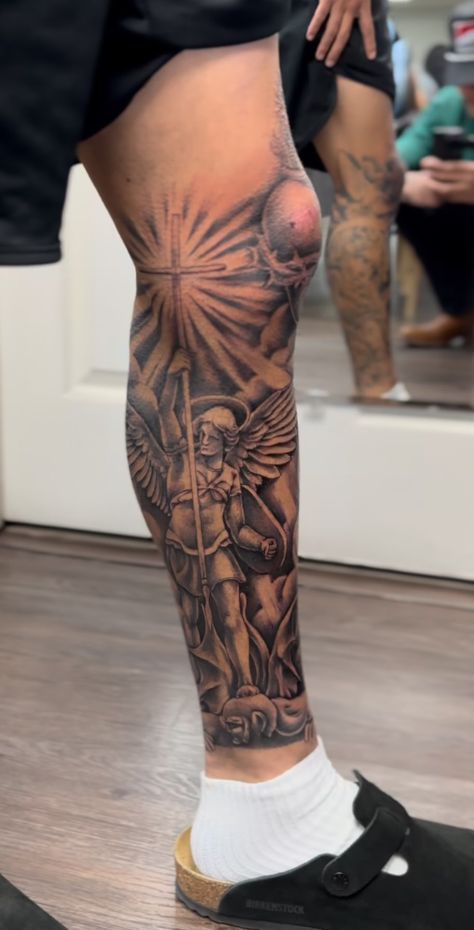 Knight Leg Tattoo, Jamarr Chase Tattoos, Arm Sleeve Men Tattoo, Patchwork Leg Sleeve Men, Leg Tattoo Cover Up, Quarter Leg Sleeve Tattoo, Angel Leg Tattoo Men, God Leg Tattoo Men, Icarus Leg Tattoo