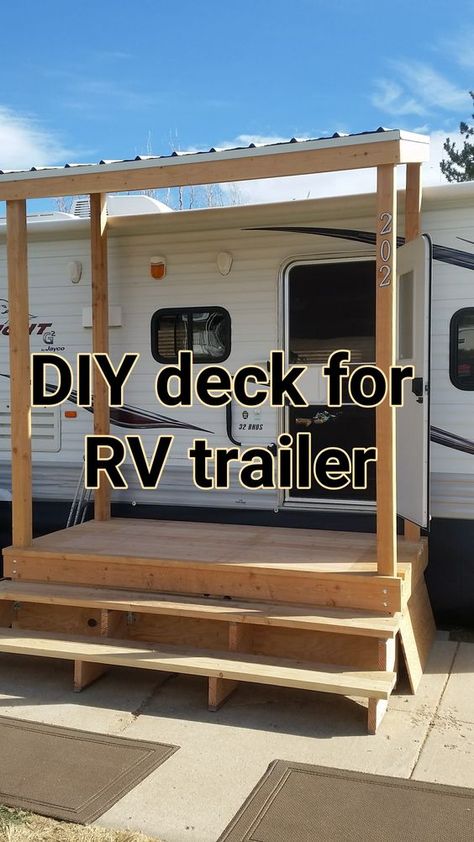 Outdoor Bar For Campsite, Rv Temporary Deck, Decks For Fifth Wheel Trailers, Rv Steps Diy, Diy Rv Porch, Travel Trailer Porch Ideas, Interior Camper Decor, Camper Porches And Decks, Temporary Deck Ideas