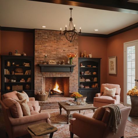 ⚠️LINK IN BIO⚠️ A cozy traditional family room with a brick fireplace, classic armchairs, and a warm color palette for a welcoming and comfortable space. #FamilyRoom #Traditional #BrickFireplace #ClassicArmchairs #WarmColors Red Fireplace Living Room, Living Room Red Brick Fireplace, Brick Fireplace Living Room, Traditional Brick Fireplace, Living Room With Brick Fireplace, Fireplace Classic, Red Brick Fireplaces, Warm Color Palette, Traditional Family Room