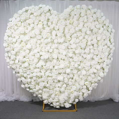 Luxury Creative Love Heart 5D White Rose Cloth Floral Wall Wedding Stage Flower Stand Proposal White Floral Arrangements, Flower Wall Wedding, Large Centerpiece, Metal Arch, Iron Stand, Roses White, Cloth Flowers, Floral Backdrop, Wedding Stage