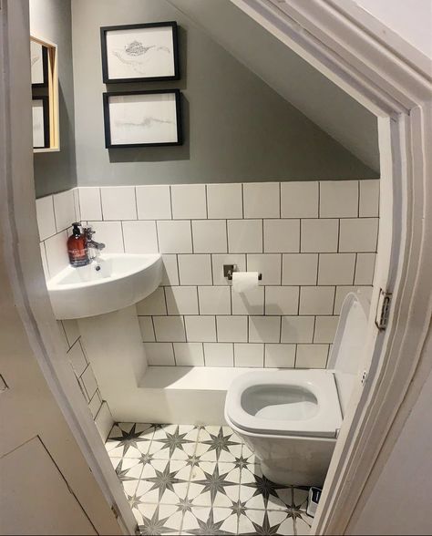 Small Toilet With Shower Design, Under Stair Wc Ideas, Small Triangle Bathroom Ideas, Small Attic Powder Room, Toilet Under The Stairs Small Spaces, Loo Under The Stairs, Small Cloak Room Ideas, Half Bathroom Under Stairs Decor, Toilet Under Stairs Ideas Downstairs Loo