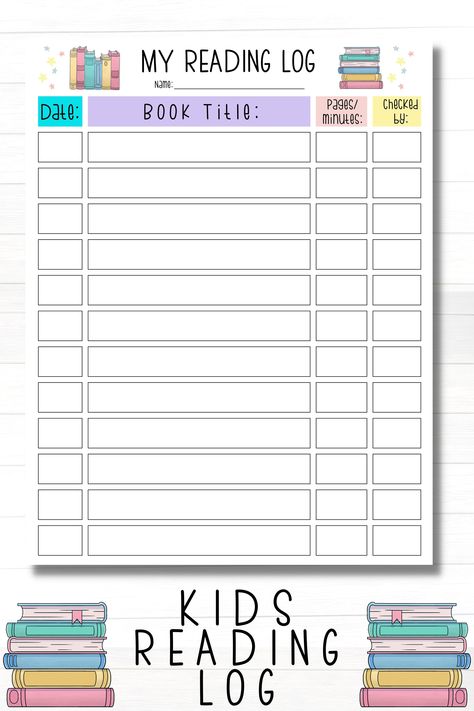 Printable Kids Reading Log for keeping track of the date, book title, and minutes/pages read. Instant download printable worksheet Chapter Book Reading Log, Reading Book Log, Weekly Reading Log Printable Free, Reading Charts For Kids Printable, Reading Log Ideas, Reading Log Printable Free, Reading Log Journal, Daily Reading Log, Reading Log For Kids