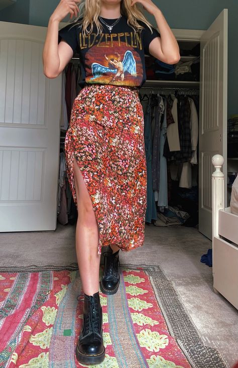 Floral Skirt Outfits Midsize, Band Shirt Maxi Skirt, Floral Skirt Graphic Tee Outfit, Graphic Tee Midi Skirt, Long Skirt And Band Tee, Floral Skirt With Graphic Tee, Long Skirt Band Tee Outfits, Midi Skirt And Band Tee Outfit, Dress Up Band Tee