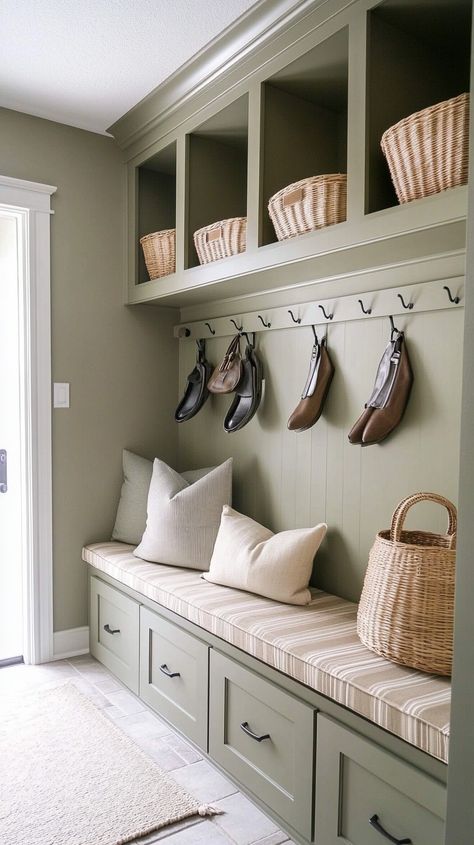 Transform your mudroom into a Virgo's dream space! 🌿✨ Enjoy streamlined built-in storage, a neat shoe organizer, and labeled hooks that keep everything in place. With cozy bench seating and calming wall colors, achieve harmonious organization and serenity in style! 🏡🔍💚 Mud Room With Seating, Corner Bench With Shoe Storage, Shoe Bench Built In, Entry Way Built In With Bench, Built In Entryway Bench With Storage, Mudroom Bench With Cubbies, Bench And Cubbies Entryway, Mushroom Bench Ideas, Mud Room Built Ins With Bench