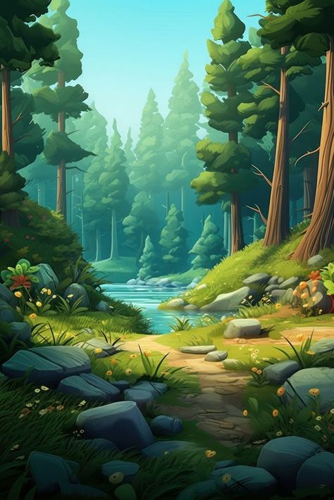 Forest Images Landscapes, Illustration Art Forest, Forest Background Drawing Reference, Forest Landscape Illustration, Animated Forest Background, Background Forest Illustration, Nature Illustration Landscapes, Forest Illustration Trees, Forest Cartoon Background