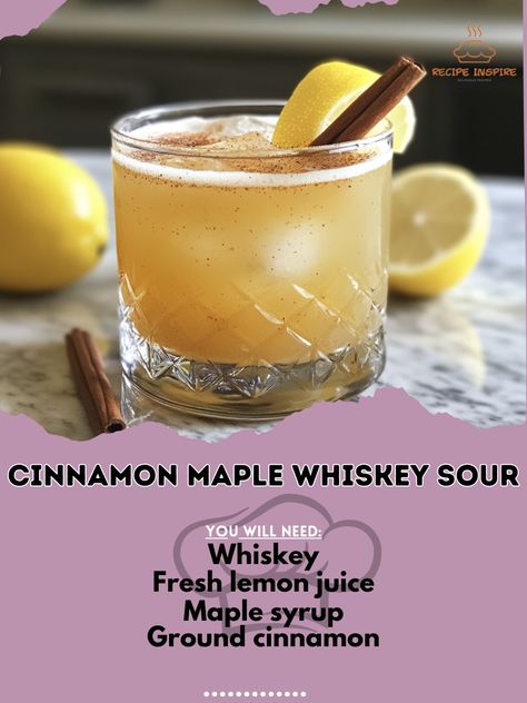 🍂🥃 Embrace fall with a Cinnamon Maple Whiskey Sour – a warm, spiced twist on the classic whiskey sour that you'll love! 🍁🍹 #WhiskeySour #FallFlavors Cinnamon Maple Whiskey Sour Ingredients: Whiskey (2 oz) Fresh lemon juice (1 oz) Maple syrup (0.75 oz) Ground cinnamon (0.25 tsp) Ice (as needed) Lemon twist (for garnish) Instructions: In a shaker, combine whiskey, lemon juice, maple syrup, and ground cinnamon. Shake well with ice. Strain into a glass over ice. Garnish with a lemon twist. En... Jack Daniels Apple Whiskey Drinks, Cinnamon Maple Whiskey Sour, Maple Whiskey Sour, Cinnamon Shake, Ultimate Cookie Recipe, Whiskey Sour Recipe, Maple Whiskey, Apple Whiskey, Honey Whiskey