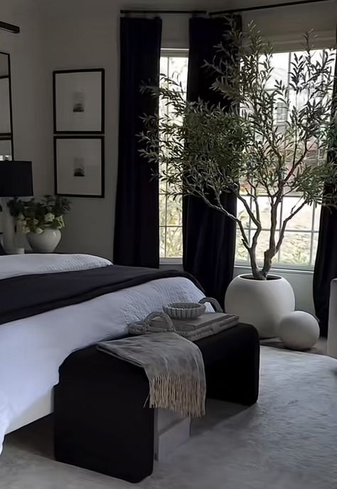 2nd Bedroom Ideas Apartment, Corner Of Bedroom Decor, Black And Beige Room Decor Bedroom, Dark Accents Bedroom, Neutral Bedroom With Black Accents Modern, Black Home Inspiration, Chic Master Bed, Beige And Black Bedroom Aesthetic, Small Bedroom Black